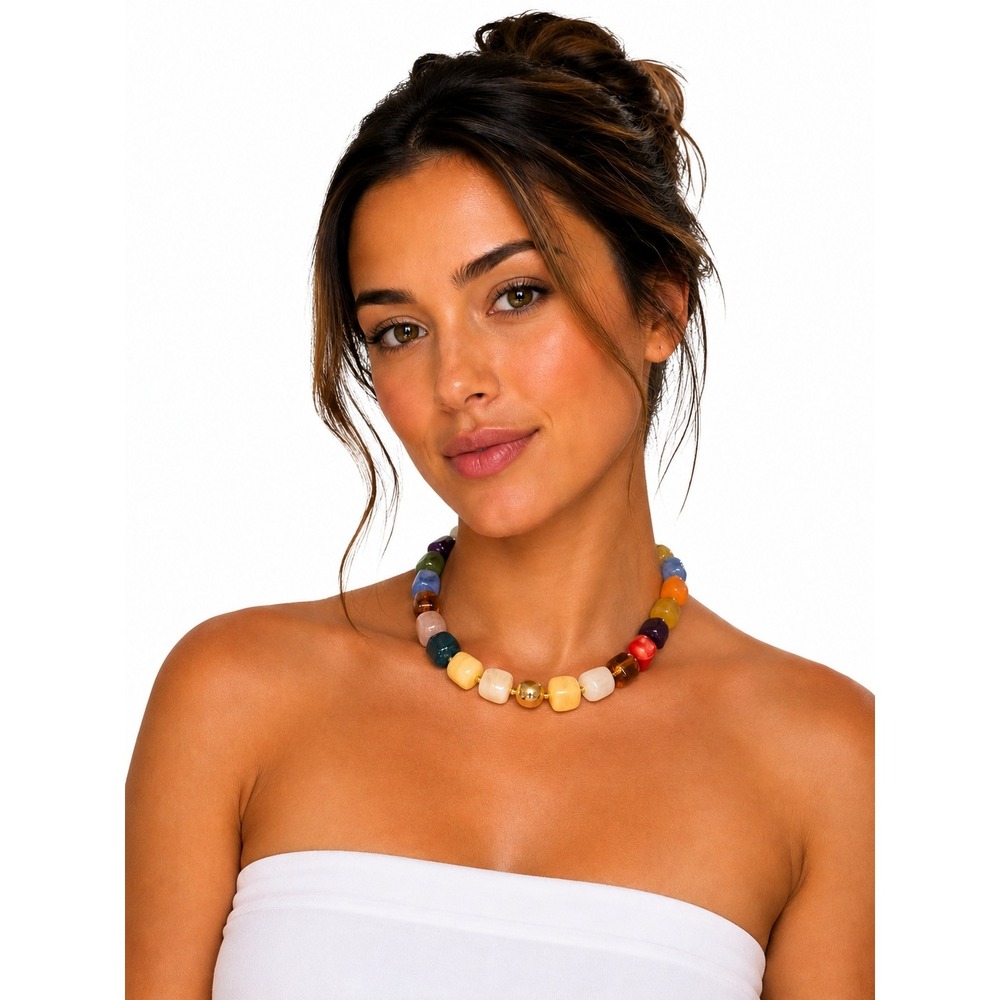New Colorful Chunky Acrylic Bead Necklace Gold Tone Statement Bib Collar 18"